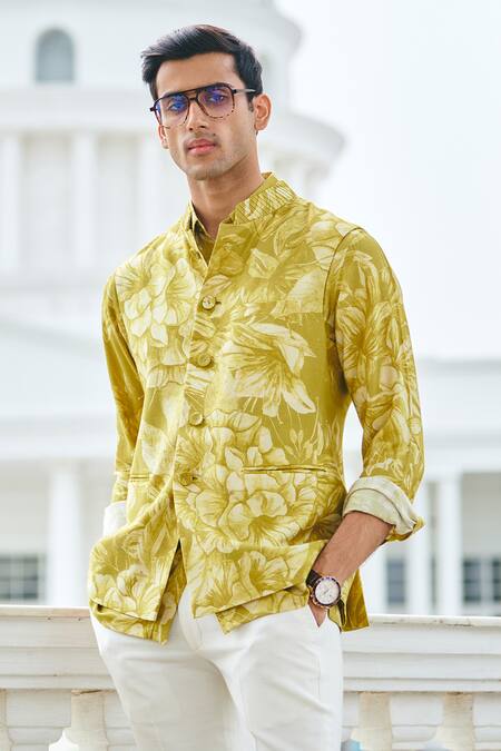 Philocaly Yellow Silk Floral Print Bundi Online at Aza Fashions Philocaly_Yellow Silk Floral Print Bundi _Online_at_Aza_Fashions