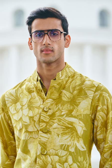 Shop Philocaly Yellow Silk Floral Print Bundi Online at Aza Fashions Shop_Philocaly_Yellow Silk Floral Print Bundi _Online_at_Aza_Fashions