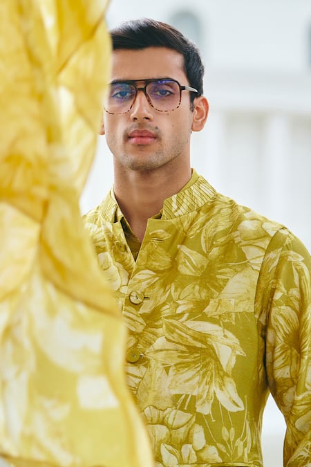 Philocaly Yellow Silk Floral Print Bundi at Aza Fashions Philocaly_Yellow Silk Floral Print Bundi _at_Aza_Fashions
