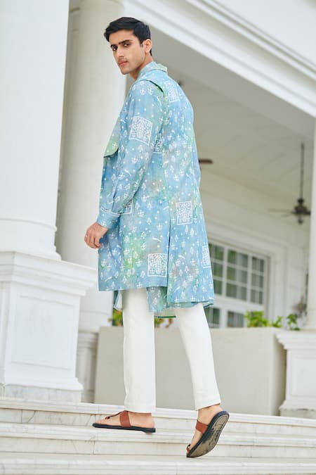 Shop Philocaly Blue Silk Printed Long Bundi at Aza Fashions Shop_Philocaly_Blue Silk Printed Long Bundi _at_Aza_Fashions