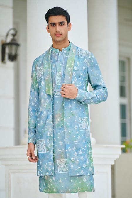 Philocaly Blue Silk Printed Long Bundi Online at Aza Fashions Philocaly_Blue Silk Printed Long Bundi _Online_at_Aza_Fashions