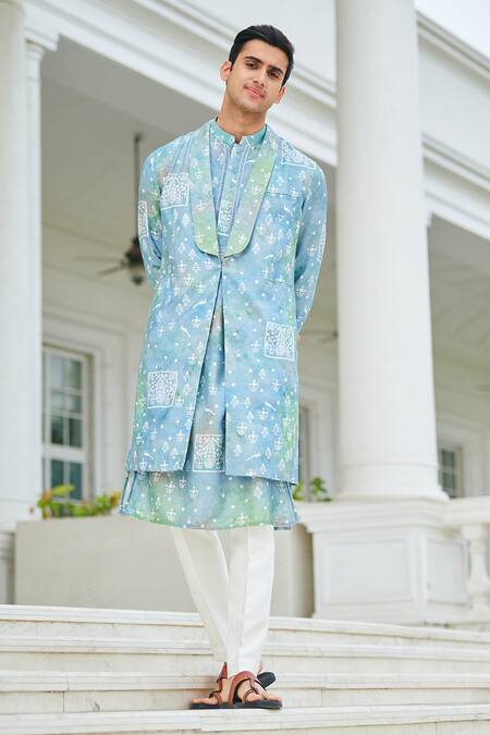 Buy Philocaly Blue Silk Embroidery, Lace Printed Long Bundi Set Online at Aza Fashions Buy_Philocaly_Blue Silk Embroidery, Lace Printed Long Bundi Set _Online_at_Aza_Fashions