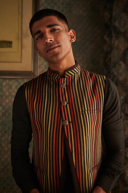 Philocaly_Multi Color Silk Woven Stripe Bundi _Online_at_Aza_Fashions