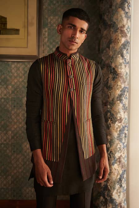 Philocaly_Multi Color Silk Woven Stripe Bundi _at_Aza_Fashions