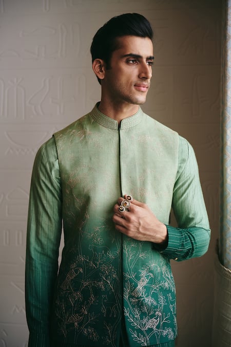Buy Philocaly Green Silk Embroidery Ombre Zari Bundi Online at Aza Fashions Buy_Philocaly_Green Silk Embroidery Ombre Zari Bundi _Online_at_Aza_Fashions