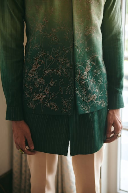 Philocaly Green Silk Embroidery Ombre Zari Bundi at Aza Fashions Philocaly_Green Silk Embroidery Ombre Zari Bundi _at_Aza_Fashions