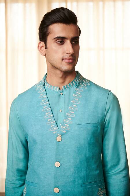 Philocaly Blue Embroidered Linen Bundi 