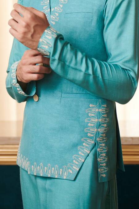 Shop Philocaly Blue Linen Embroidery Bundi Online at Aza Fashions Shop_Philocaly_Blue Linen Embroidery Bundi_Online_at_Aza_Fashions