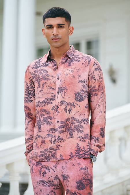 Shop_Philocaly_Pink Cotton Embroidery Folklore Printed Shirt _at_Aza_Fashions