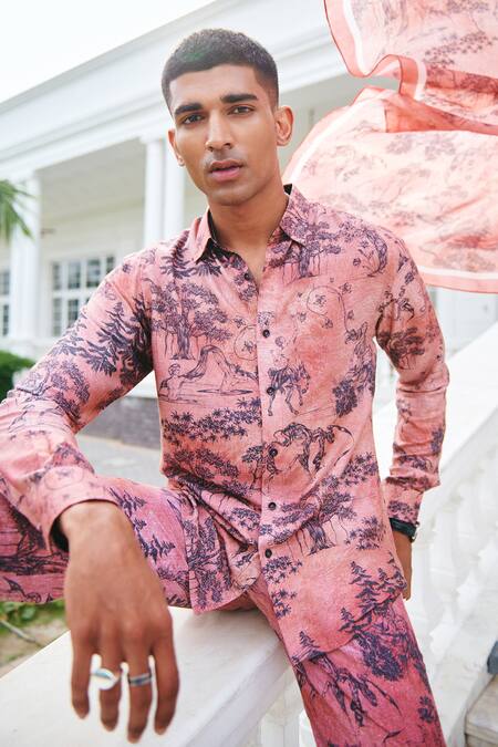 Philocaly_Pink Cotton Embroidery Folklore Printed Shirt _Online_at_Aza_Fashions