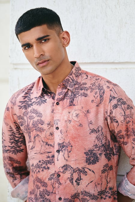 Shop_Philocaly_Pink Cotton Embroidery Folklore Printed Shirt _Online_at_Aza_Fashions
