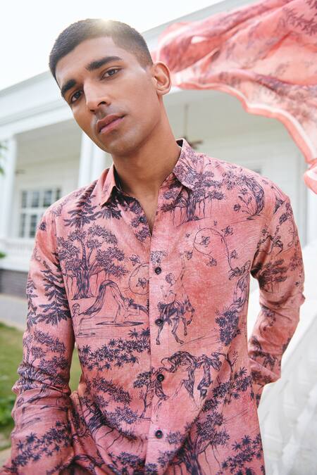 Philocaly_Pink Cotton Embroidery Folklore Printed Shirt _at_Aza_Fashions