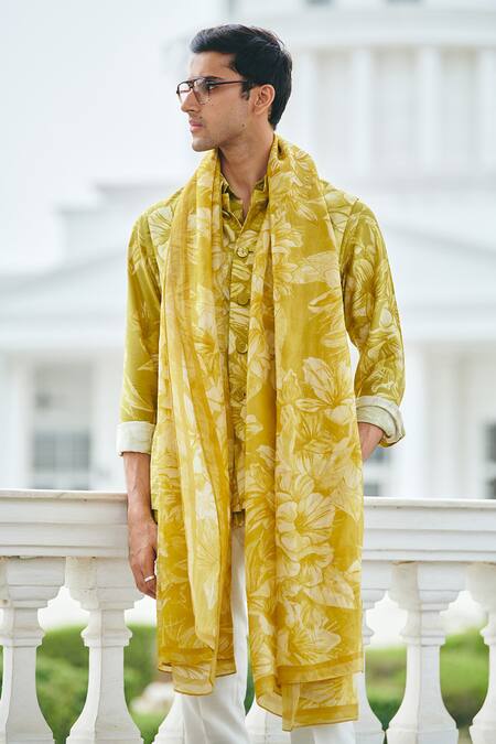 Philocaly Yellow Cotton Embroidery Buransh Printed Shirt at Aza Fashions Philocaly_Yellow Cotton Embroidery Buransh Printed Shirt _at_Aza_Fashions