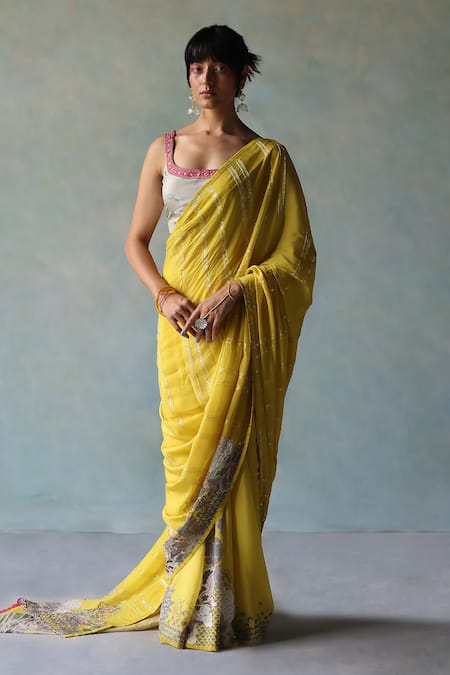 Rajiramniq Hand Embroidered Saree With Unstitched Blouse Fabric 