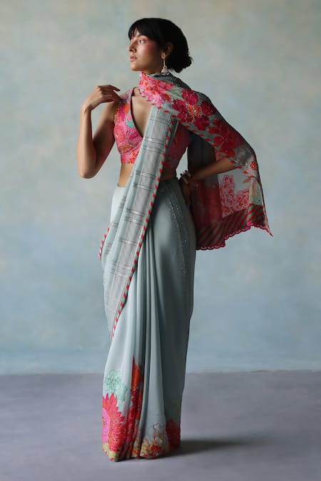 Buy_Rajiramniq_Blue Crepe Beads Retro Floral Print Saree With Unstitched Blouse Fabric _Online_at_Aza_Fashions