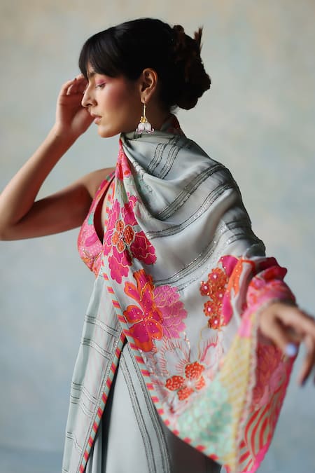 Shop_Rajiramniq_Blue Crepe Beads Retro Floral Print Saree With Unstitched Blouse Fabric _Online_at_Aza_Fashions
