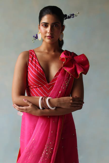 Rajiramniq_Pink Crepe Hand Embroidery Sequin Saree With Unstitched Blouse Fabric _Online_at_Aza_Fashions