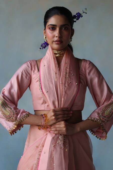 Rajiramniq_Pink Silk Hand Embroidery Sequin Saree With Unstitched Blouse Fabric _Online_at_Aza_Fashions