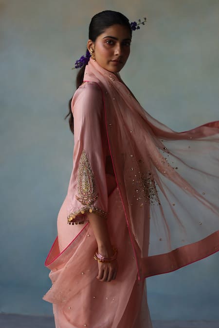 Buy_Rajiramniq_Pink Silk Hand Embroidery Sequin Saree With Unstitched Blouse Fabric _Online_at_Aza_Fashions