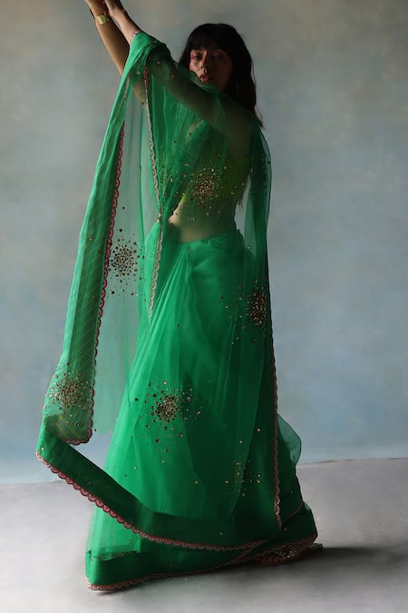 Shop_Rajiramniq_Green Silk Hand Embroidery Sequin Cluster Saree With Unstitched Blouse Fabric _Online_at_Aza_Fashions