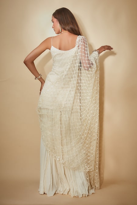 Shop Premya By Manishii White Georgette, Tulle Beads Round Neck Hand Embroidered Kurta Sharara Set at Aza Fashions Shop_Premya By Manishii_White Georgette, Tulle Beads Round Neck Hand Embroidered Kurta Sharara Set _at_Aza_Fashions