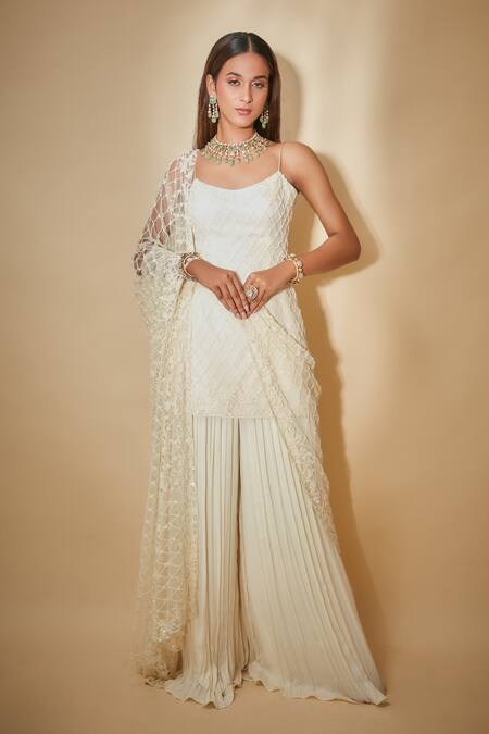 Premya By Manishii White Georgette, Tulle Beads Round Neck Hand Embroidered Kurta Sharara Set Online at Aza Fashions Premya By Manishii_White Georgette, Tulle Beads Round Neck Hand Embroidered Kurta Sharara Set _Online_at_Aza_Fashions