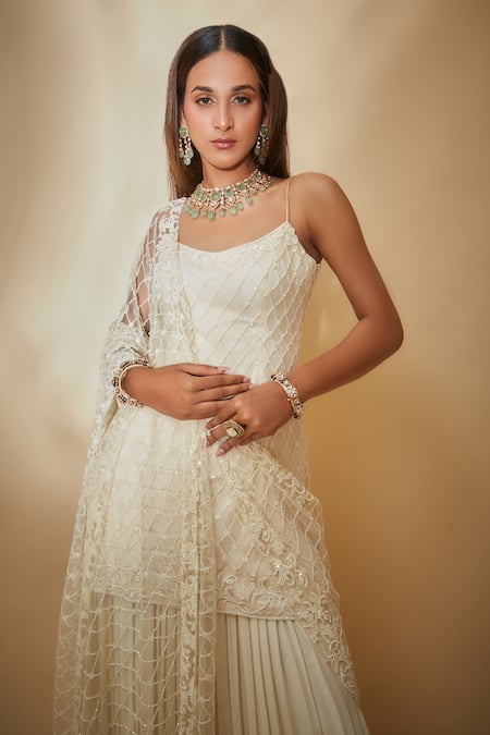 Shop Premya By Manishii White Georgette, Tulle Beads Round Neck Hand Embroidered Kurta Sharara Set Online at Aza Fashions Shop_Premya By Manishii_White Georgette, Tulle Beads Round Neck Hand Embroidered Kurta Sharara Set _Online_at_Aza_Fashions