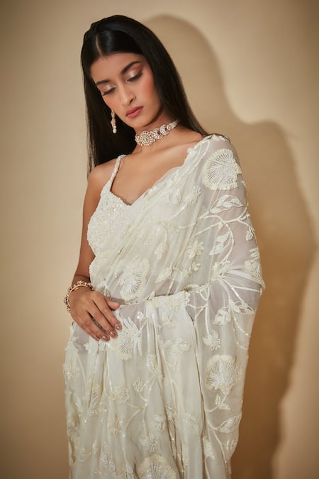 Shop Premya By Manishii White Tulle Cut Work, Sequins V-neck Hand Embroidered Saree With Blouse at Aza Fashions Shop_Premya By Manishii_White Tulle Cut Work, Sequins V-neck Hand Embroidered Saree With Blouse _at_Aza_Fashions