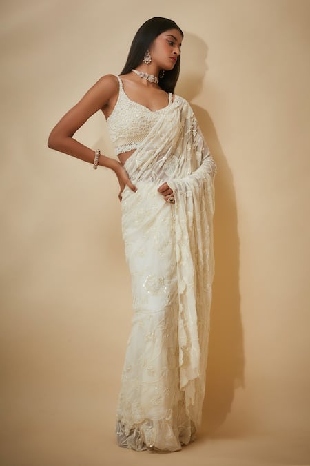 Premya By Manishii White Tulle Cut Work, Sequins V-neck Hand Embroidered Saree With Blouse Online at Aza Fashions Premya By Manishii_White Tulle Cut Work, Sequins V-neck Hand Embroidered Saree With Blouse _Online_at_Aza_Fashions