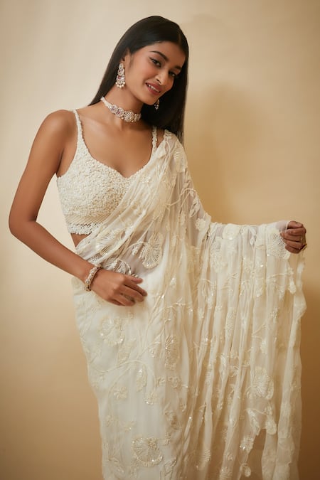 Shop Premya By Manishii White Tulle Cut Work, Sequins V-neck Hand Embroidered Saree With Blouse Online at Aza Fashions Shop_Premya By Manishii_White Tulle Cut Work, Sequins V-neck Hand Embroidered Saree With Blouse _Online_at_Aza_Fashions