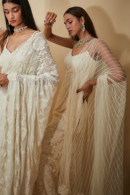 Premya By Manishii White Tulle Cut Work, Sequins V-neck Hand Embroidered Saree With Blouse at Aza Fashions Premya By Manishii_White Tulle Cut Work, Sequins V-neck Hand Embroidered Saree With Blouse _at_Aza_Fashions
