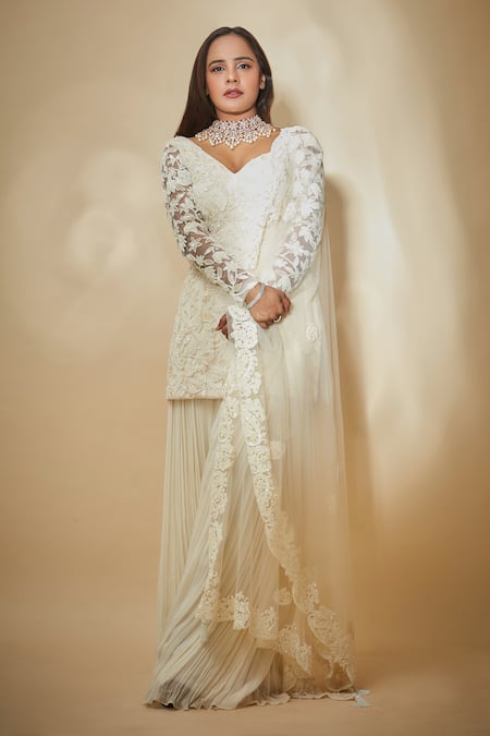 Buy Premya By Manishii White Silk, Organza, Tulle Embroidery V-neck Hand Work Kurta Sharara Set Online at Aza Fashions Buy_Premya By Manishii_White Silk, Organza, Tulle Embroidery V-neck Hand Work Kurta Sharara Set _Online_at_Aza_Fashions