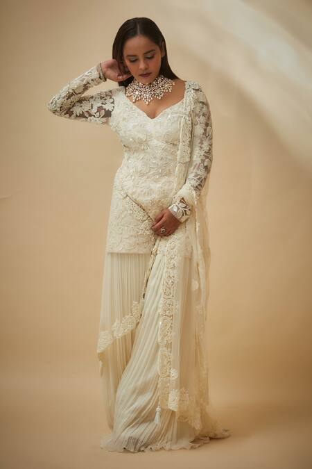 Shop Premya By Manishii White Silk, Organza, Tulle Embroidery V-neck Hand Work Kurta Sharara Set Online at Aza Fashions Shop_Premya By Manishii_White Silk, Organza, Tulle Embroidery V-neck Hand Work Kurta Sharara Set _Online_at_Aza_Fashions