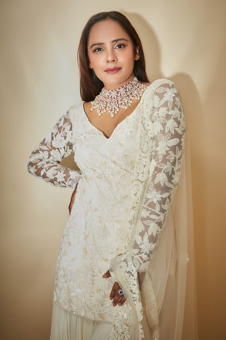 Premya By Manishii White Silk, Organza, Tulle Embroidery V-neck Hand Work Kurta Sharara Set at Aza Fashions Premya By Manishii_White Silk, Organza, Tulle Embroidery V-neck Hand Work Kurta Sharara Set _at_Aza_Fashions