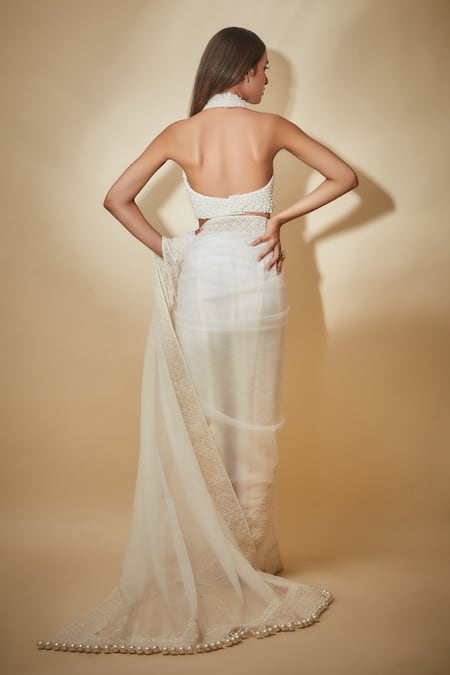 Shop Premya By Manishii White Tulle, Viscose, Georgette Pearls, Embroidery Border Saree With Blouse at Aza Fashions Shop_Premya By Manishii_White Tulle, Viscose, Georgette Pearls, Embroidery Border Saree With Blouse _at_Aza_Fashions