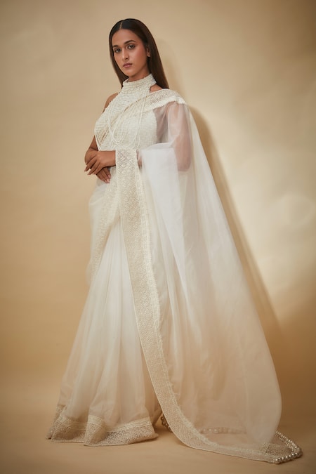 Premya By Manishii White Tulle, Viscose, Georgette Pearls, Embroidery Border Saree With Blouse Online at Aza Fashions Premya By Manishii_White Tulle, Viscose, Georgette Pearls, Embroidery Border Saree With Blouse _Online_at_Aza_Fashions