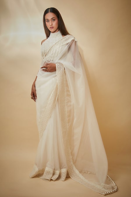 Buy Premya By Manishii White Tulle, Viscose, Georgette Pearls, Embroidery Border Saree With Blouse Online at Aza Fashions Buy_Premya By Manishii_White Tulle, Viscose, Georgette Pearls, Embroidery Border Saree With Blouse _Online_at_Aza_Fashions