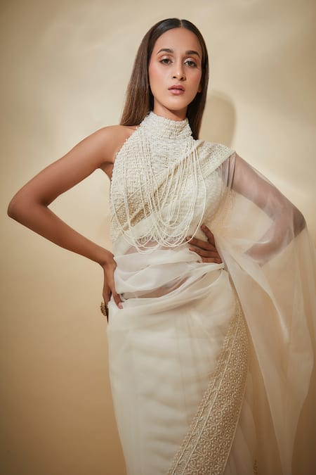 Shop Premya By Manishii White Tulle, Viscose, Georgette Pearls, Embroidery Border Saree With Blouse Online at Aza Fashions Shop_Premya By Manishii_White Tulle, Viscose, Georgette Pearls, Embroidery Border Saree With Blouse _Online_at_Aza_Fashions