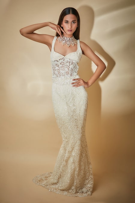 Premya By Manishii White Tulle, Georgette Cut Work Hand Embroidered Corset Blouse And Skirt Set 