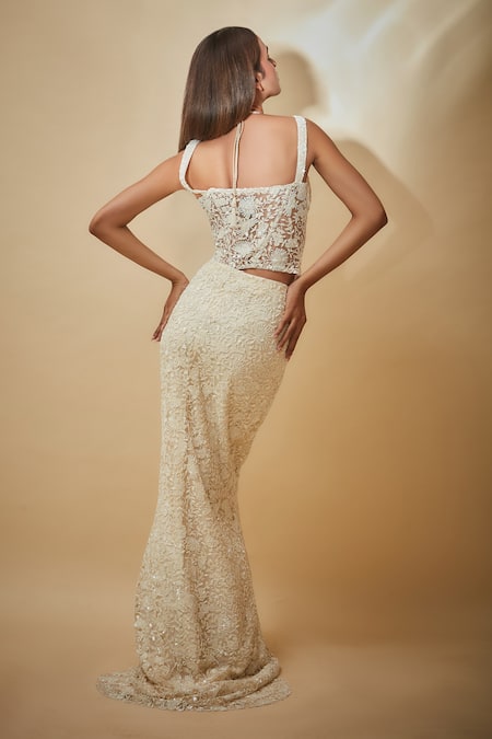 Shop Premya By Manishii White Tulle, Georgette Cut Work Hand Embroidered Corset Blouse And Skirt Set at Aza Fashions Shop_Premya By Manishii_White Tulle, Georgette Cut Work Hand Embroidered Corset Blouse And Skirt Set _at_Aza_Fashions