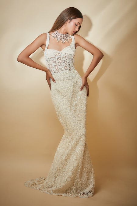 Premya By Manishii White Tulle, Georgette Cut Work Hand Embroidered Corset Blouse And Skirt Set at Aza Fashions Premya By Manishii_White Tulle, Georgette Cut Work Hand Embroidered Corset Blouse And Skirt Set _at_Aza_Fashions