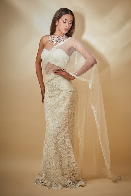 Shop Premya By Manishii White Tulle Cut Work, Sequins Hand Embroidered Blouse And Pre-draped Saree Set at Aza Fashions Shop_Premya By Manishii_White Tulle Cut Work, Sequins Hand Embroidered Blouse And Pre-draped Saree Set _at_Aza_Fashions