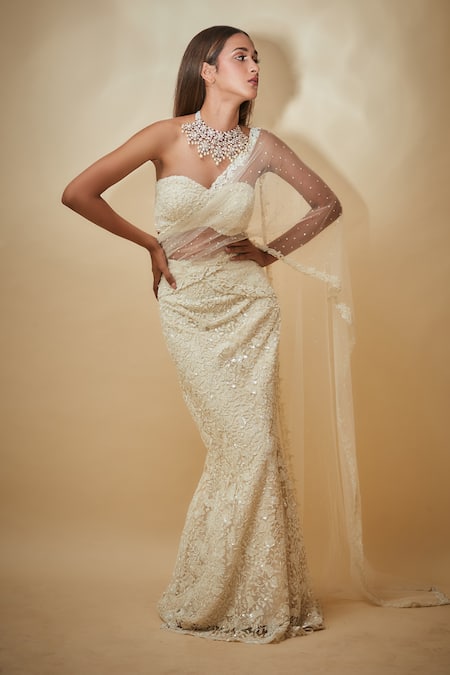 Buy Premya By Manishii White Tulle Cut Work, Sequins Hand Embroidered Blouse And Pre-draped Saree Set Online at Aza Fashions Buy_Premya By Manishii_White Tulle Cut Work, Sequins Hand Embroidered Blouse And Pre-draped Saree Set _Online_at_Aza_Fashions