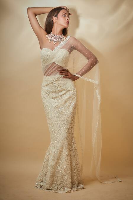 Shop Premya By Manishii White Tulle Cut Work, Sequins Hand Embroidered Blouse And Pre-draped Saree Set Online at Aza Fashions Shop_Premya By Manishii_White Tulle Cut Work, Sequins Hand Embroidered Blouse And Pre-draped Saree Set _Online_at_Aza_Fashions