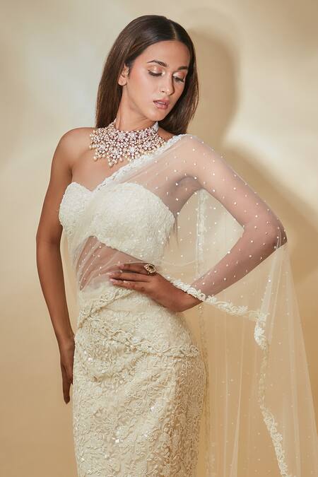 Premya By Manishii White Tulle Cut Work, Sequins Hand Embroidered Blouse And Pre-draped Saree Set at Aza Fashions Premya By Manishii_White Tulle Cut Work, Sequins Hand Embroidered Blouse And Pre-draped Saree Set _at_Aza_Fashions