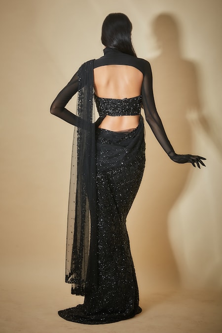 Shop Premya By Manishii Black Tulle Embroidery, Beads, Sequins High Neck Hand Pre-draped Saree Set at Aza Fashions Shop_Premya By Manishii_Black Tulle Embroidery, Beads, Sequins High Neck Hand Pre-draped Saree Set _at_Aza_Fashions