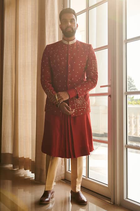 Buy Philocaly Red Silk Embroidery Baroque Zari Bandhgala Buy_Philocaly_Red Silk Embroidery Baroque Zari Bandhgala