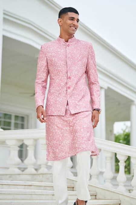 Philocaly_Pink Silk Embroidery Tangle Floral Print Bandhgala_at_Aza_Fashions