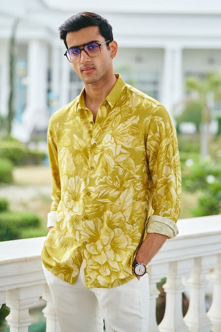 Philocaly Yellow 100% Cotton Printed Floral Buransh Shirt 