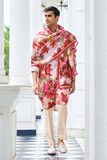 Philocaly_Pink Cotton Embroidery Gulabi Buransh Printed Kurta _at_Aza_Fashions